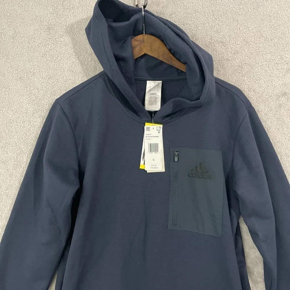 NEW Adidas Men's S Blue Hooded Sweatshirt With Zip Pocket 100% Polyester